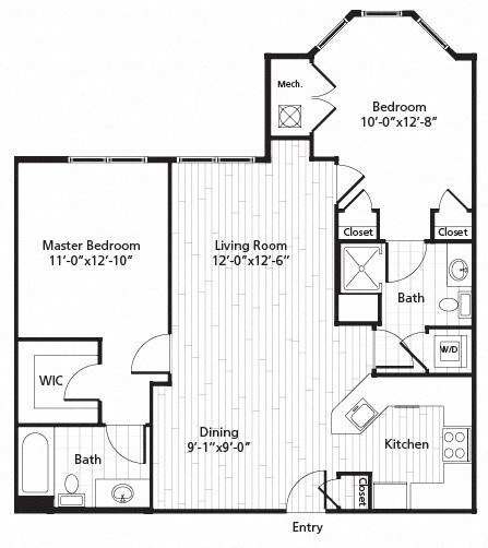Floor plan for 2 beds, 2 baths, 999 sqft